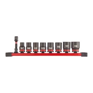 Juego de 8 vasos cortos Shockwave de 3/8" y adaptador en soporte raíl