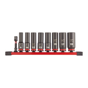Juego de 8 vasos largos Shockwave de 3/8" y adaptador en soporte raíl